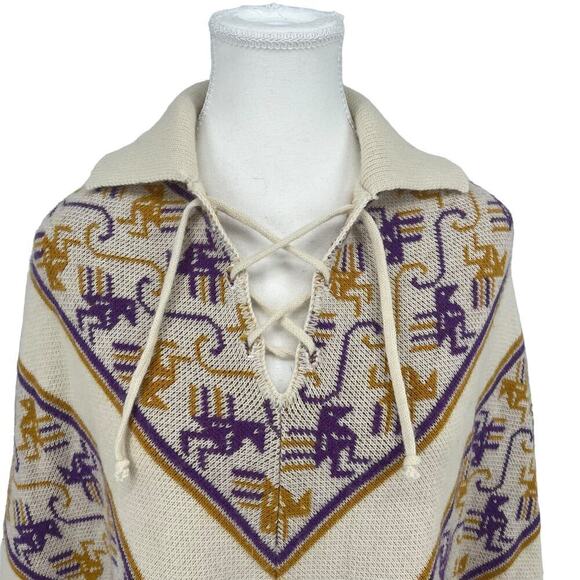 Vintage 70’s Poncho Knit Bird Print Gold‎ Purple OSFA - Picture 3 of 8